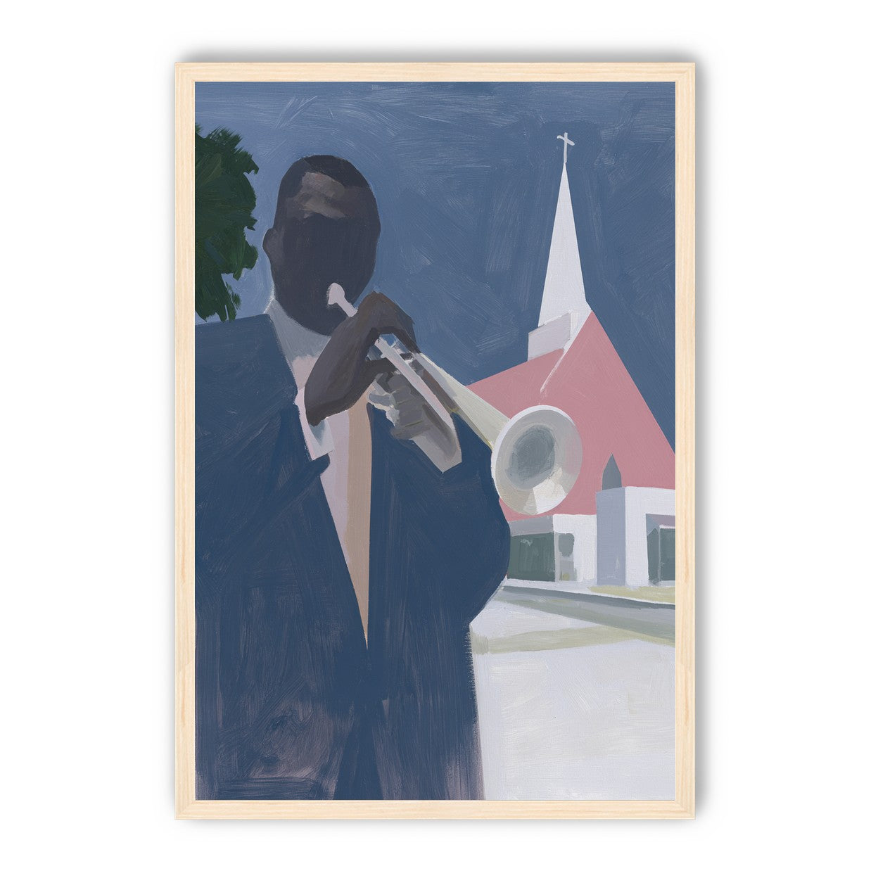 Blue sky over pink church