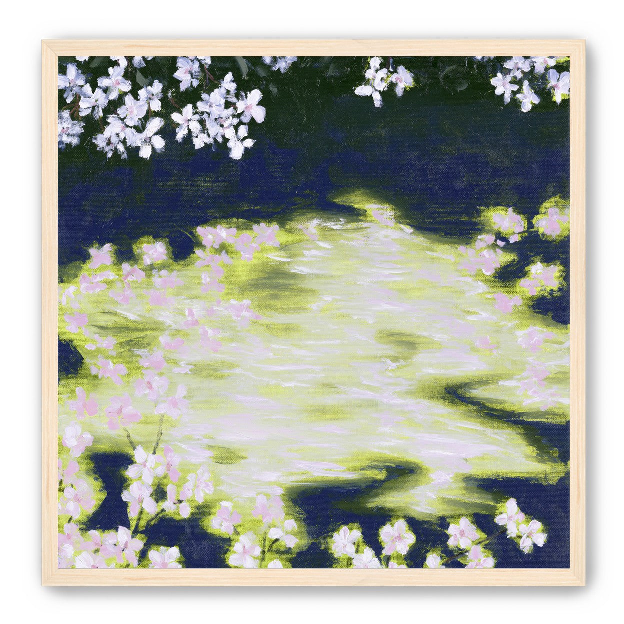 Petals crossing the bright water