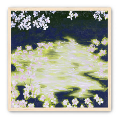 Petals crossing the bright water