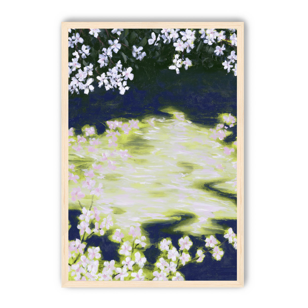 Petals crossing the bright water