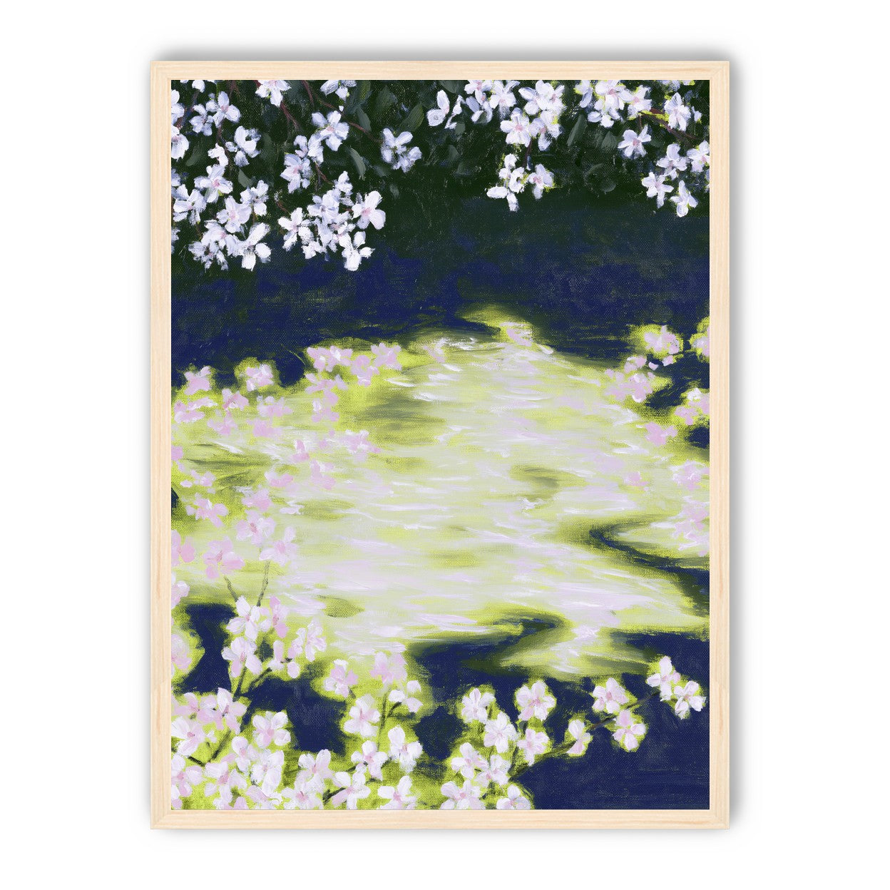Petals crossing the bright water
