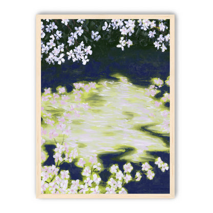 Petals crossing the bright water