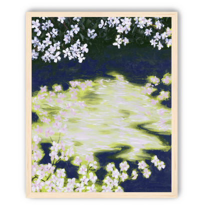 Petals crossing the bright water