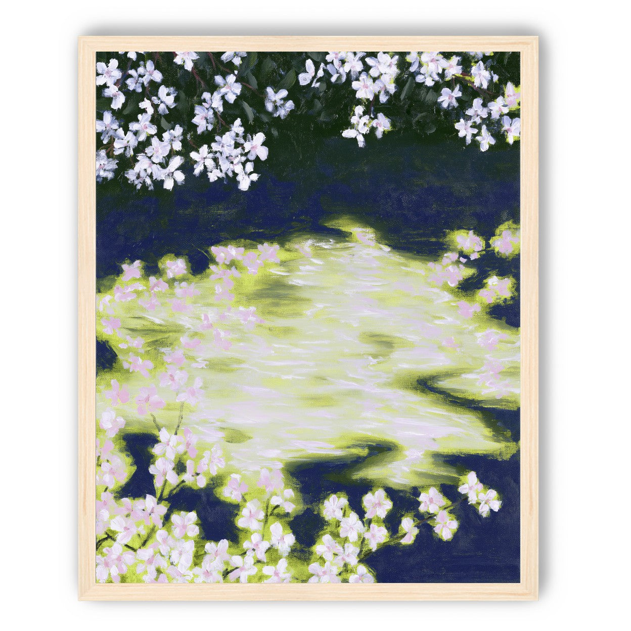 Petals crossing the bright water