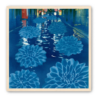 Neon spills into blue floodwater