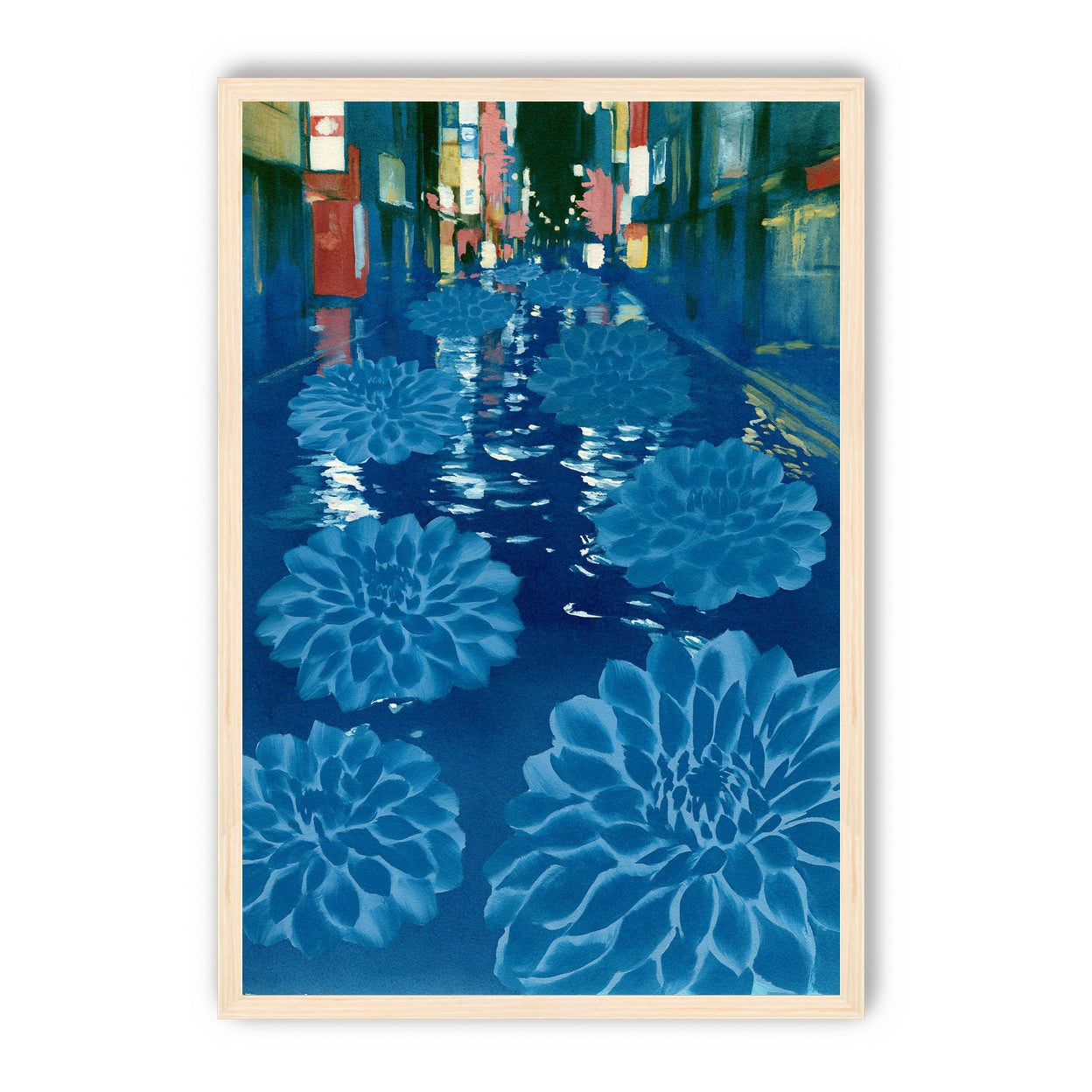 Neon spills into blue floodwater