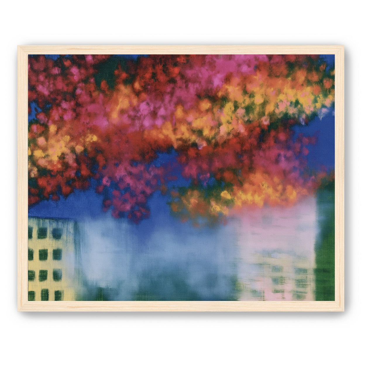 Trees above blurred windows
