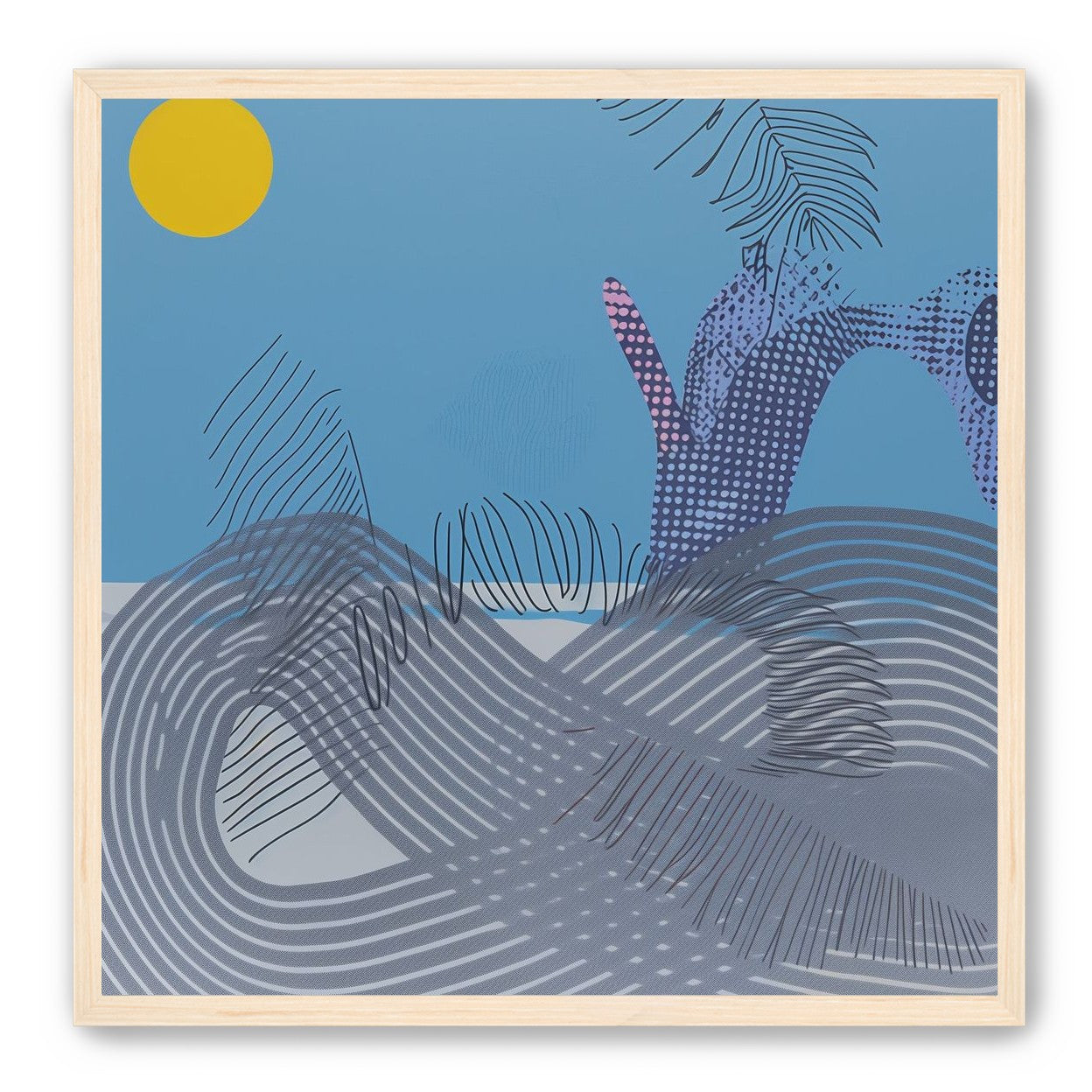 Yellow sun over striped hills