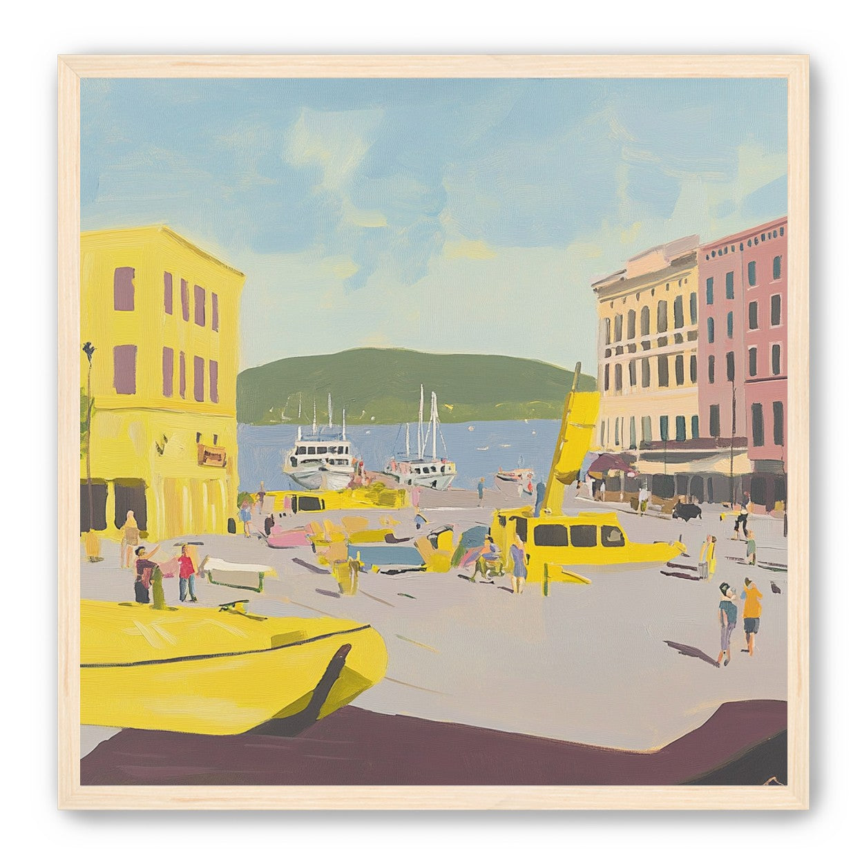 Yellow boats among pastel buildings