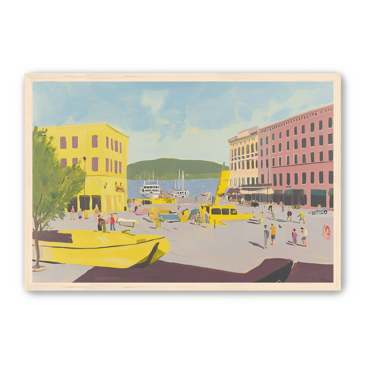 Yellow boats among pastel buildings