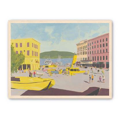 Yellow boats among pastel buildings