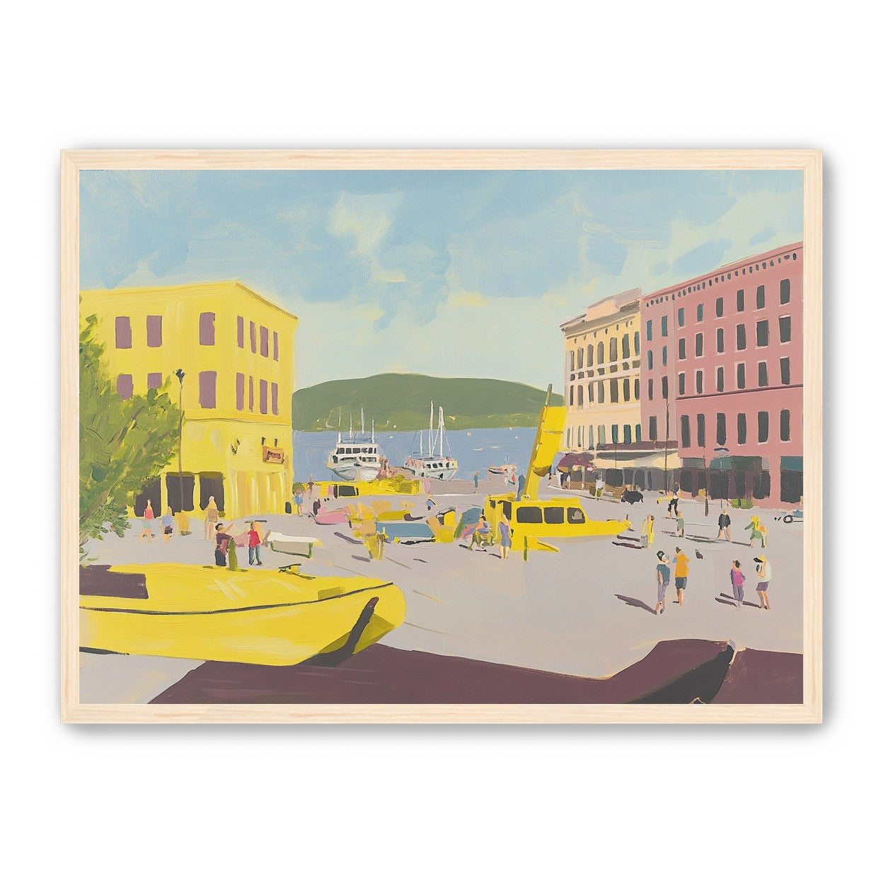 Yellow boats among pastel buildings