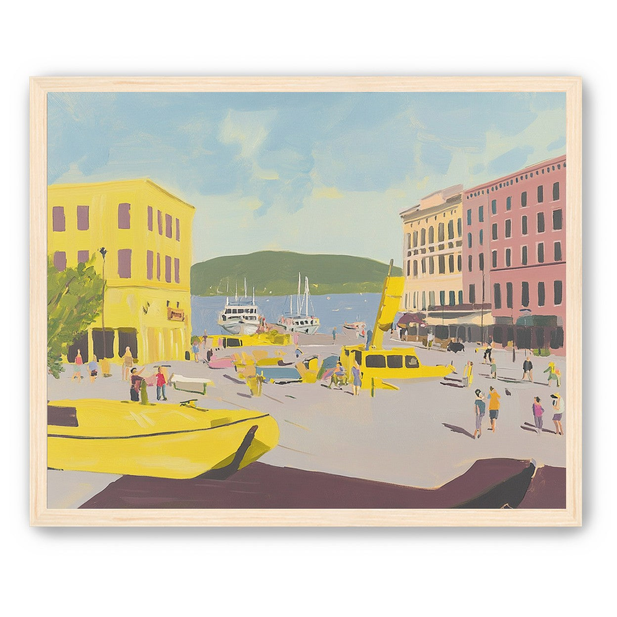 Yellow boats among pastel buildings