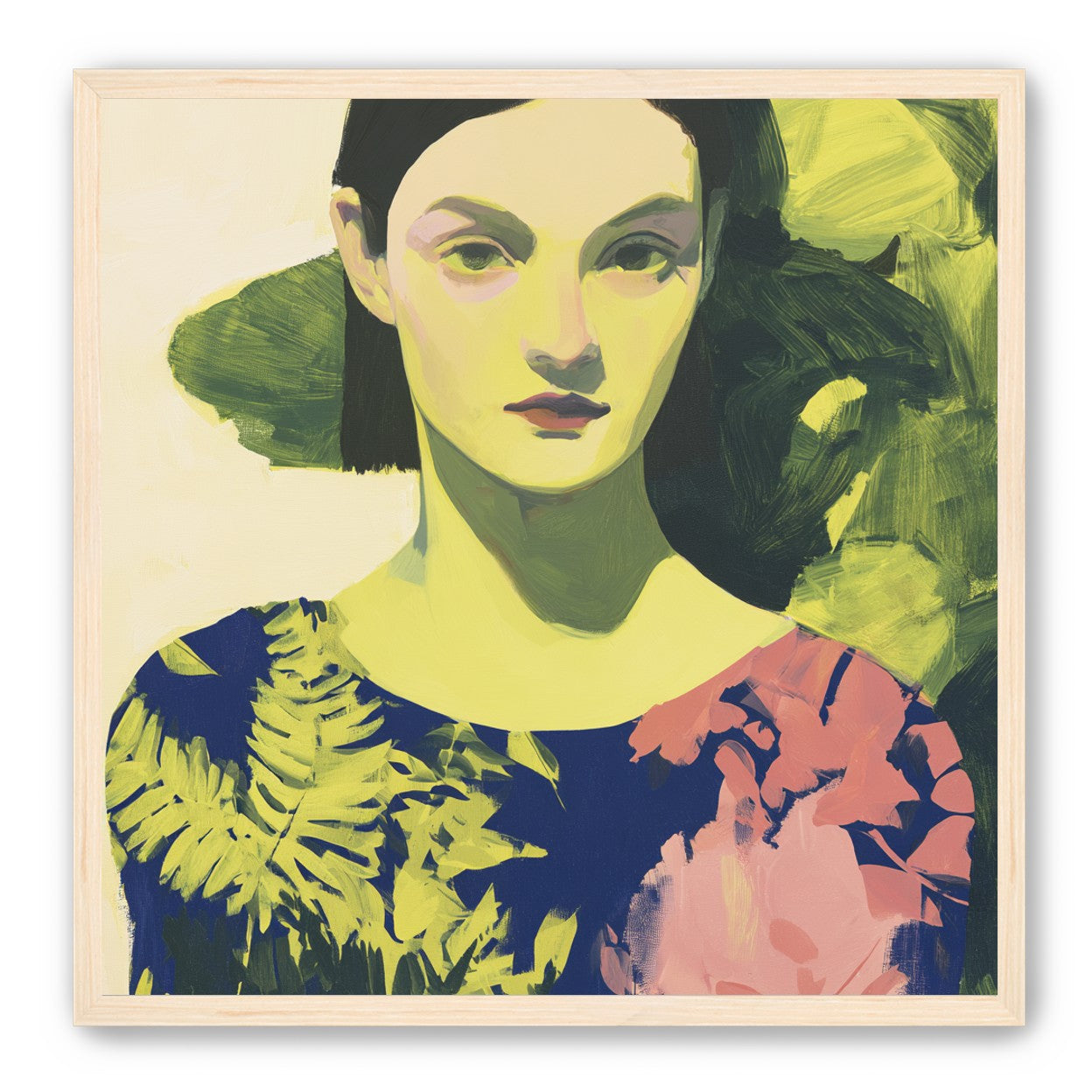 Green leaves behind her portrait
