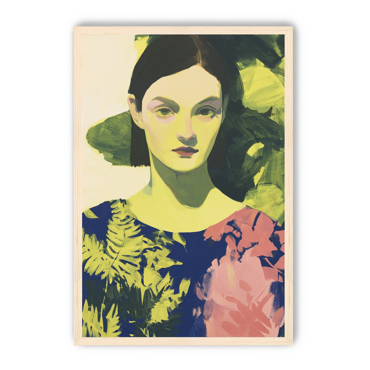 Green leaves behind her portrait