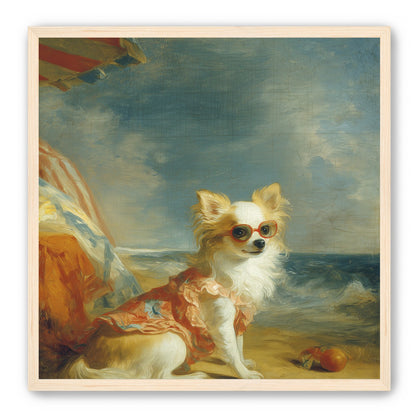 Seaside dog in red sunglasses