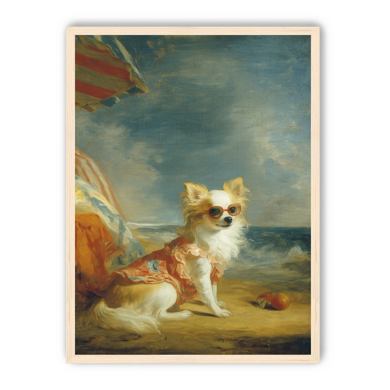 Seaside dog in red sunglasses