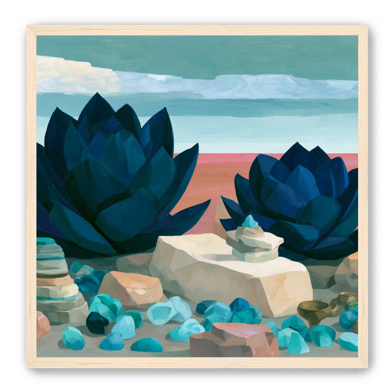 Deep blue blooms on coral ground