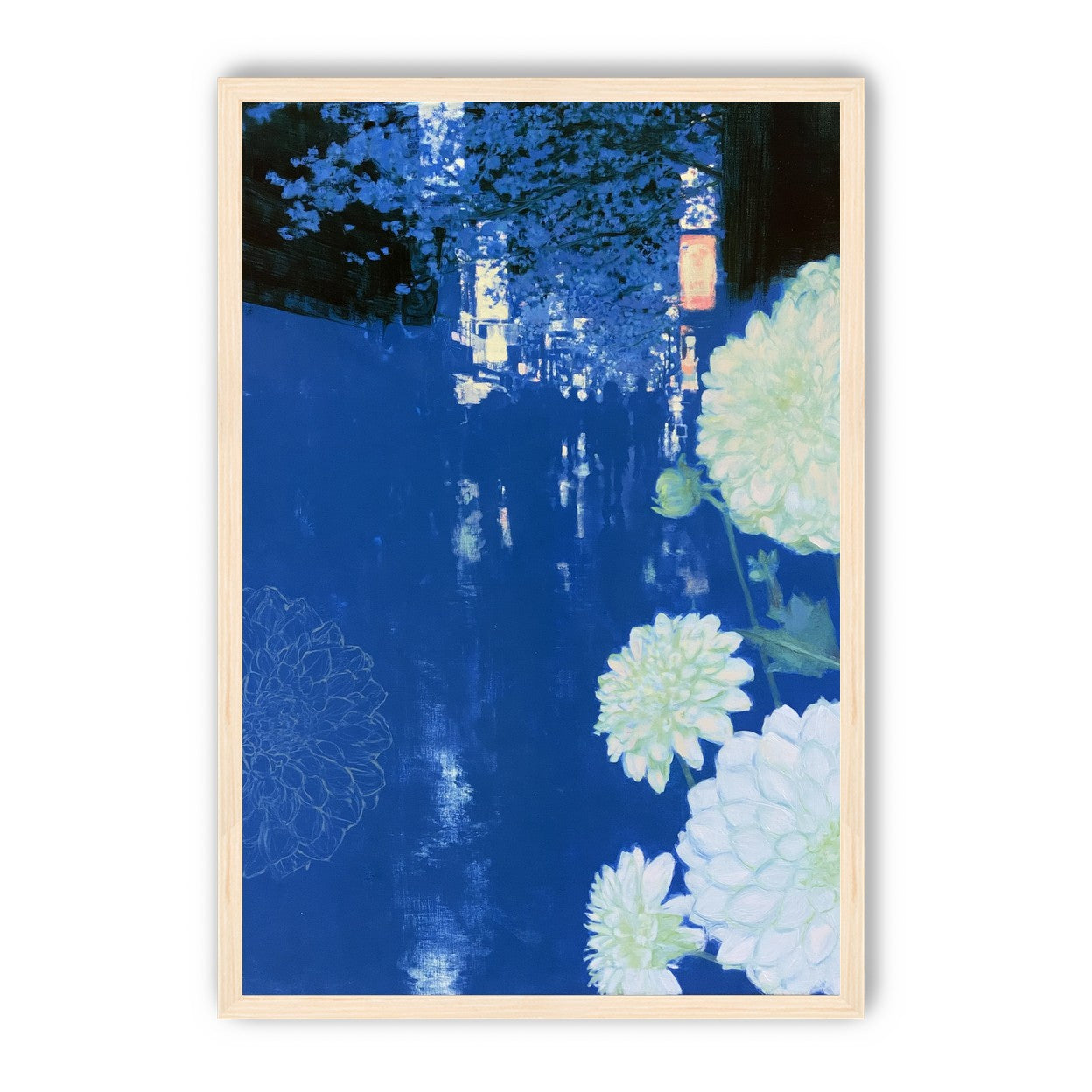 White blooms on blue canal