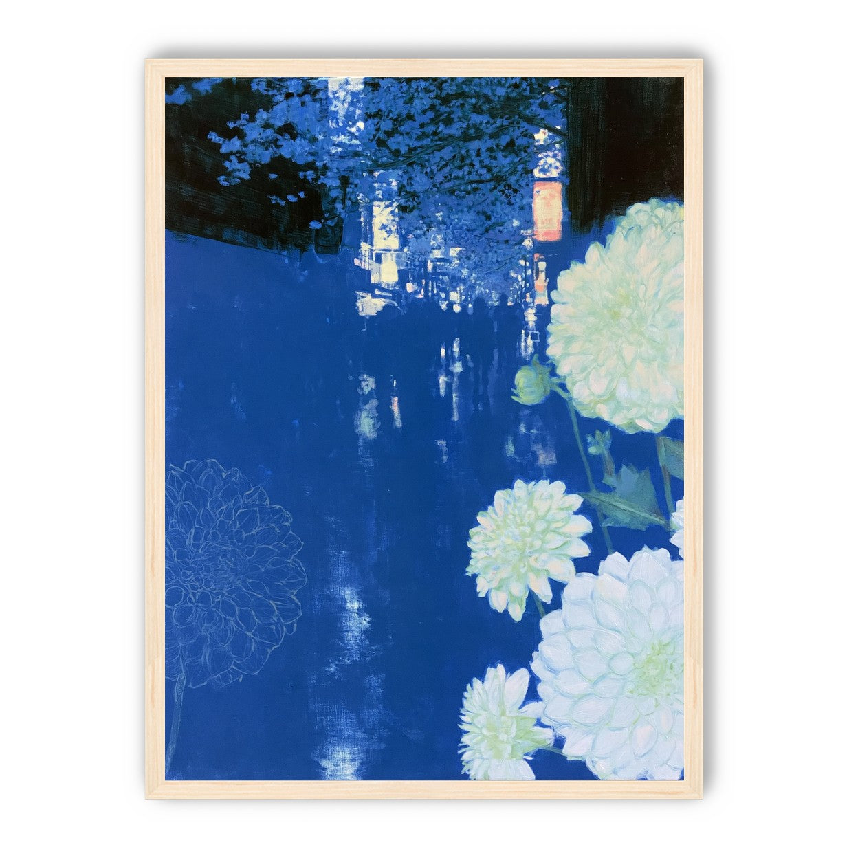 White blooms on blue canal