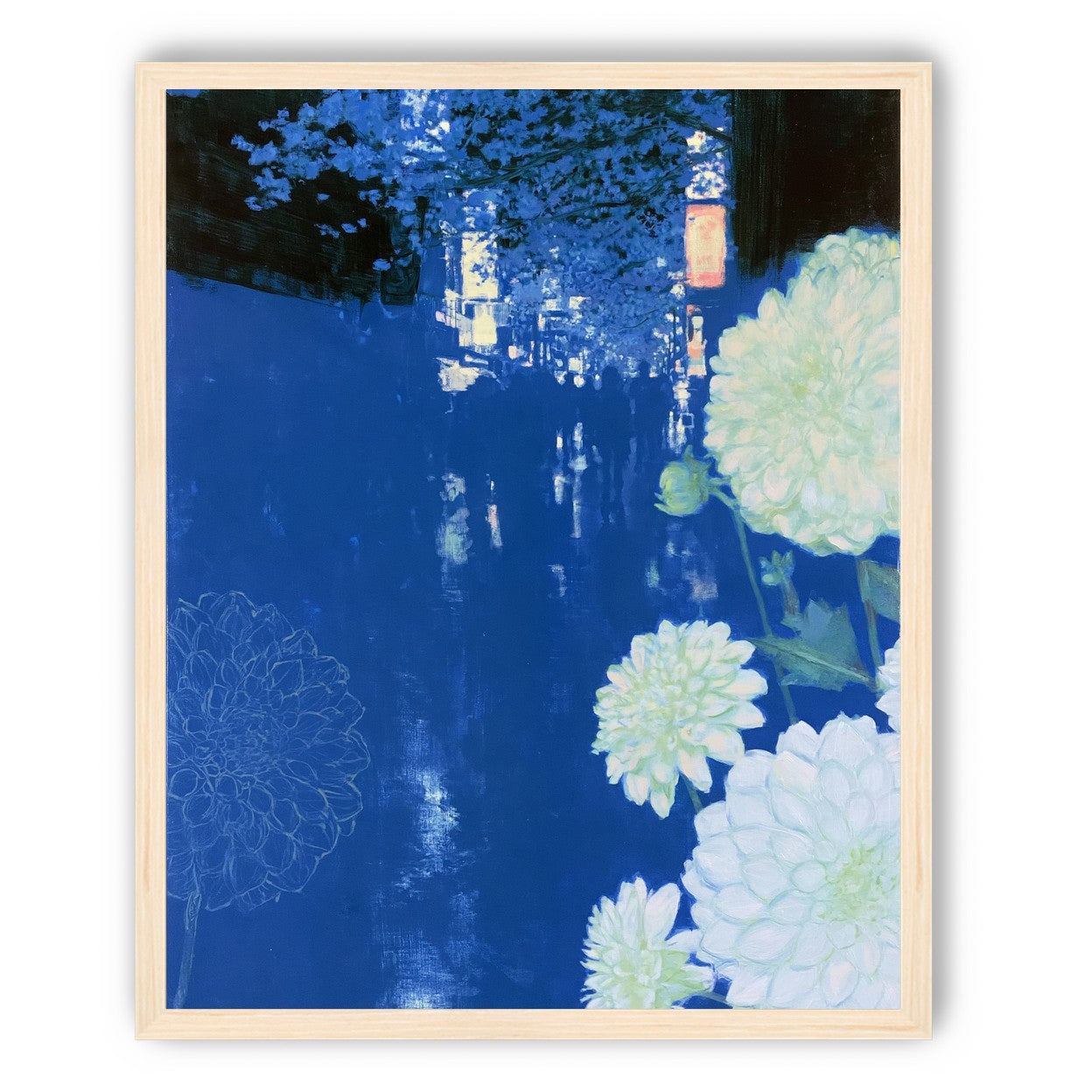 White blooms on blue canal