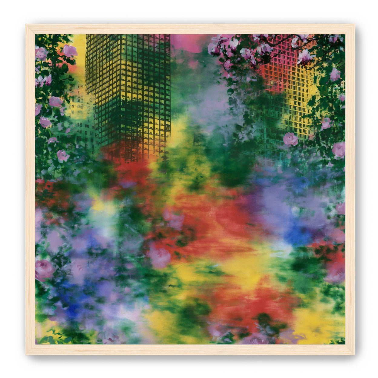 Blossoms over rainbow glass