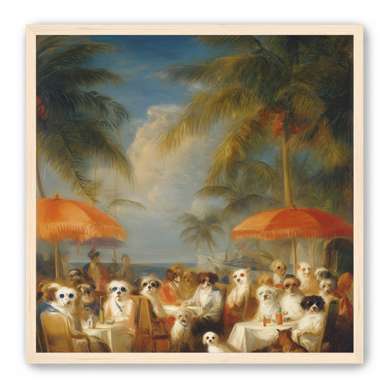 Dogs at seaside tables