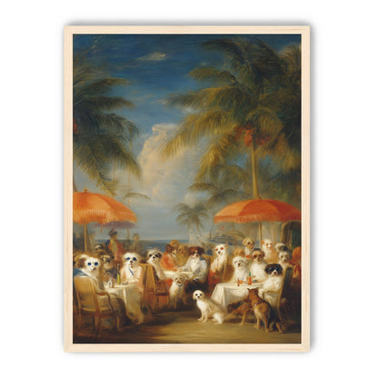 Dogs at seaside tables