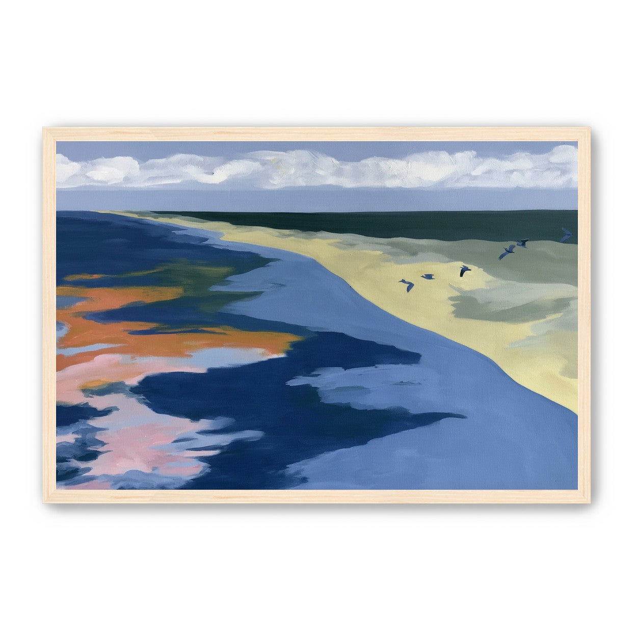Birds over the pale shore
