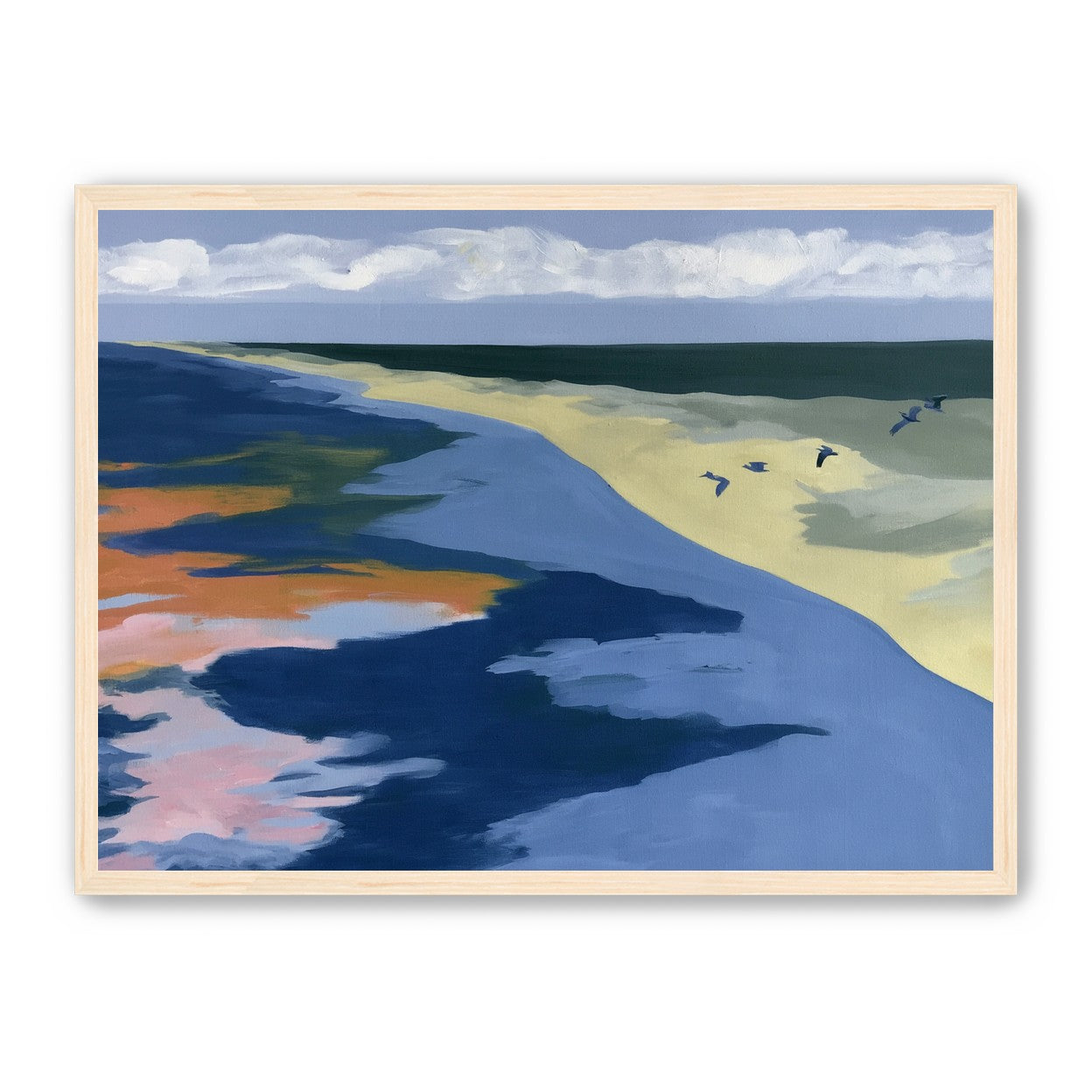 Birds over the pale shore