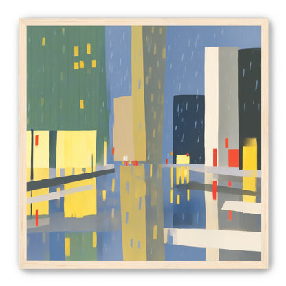 Yellow windows on wet blue street