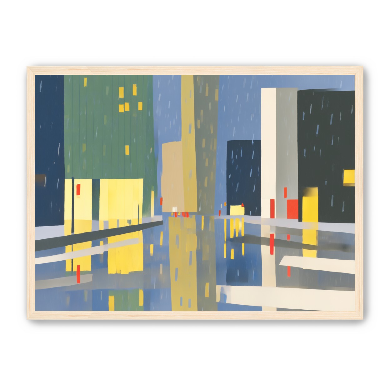 Yellow windows on wet blue street