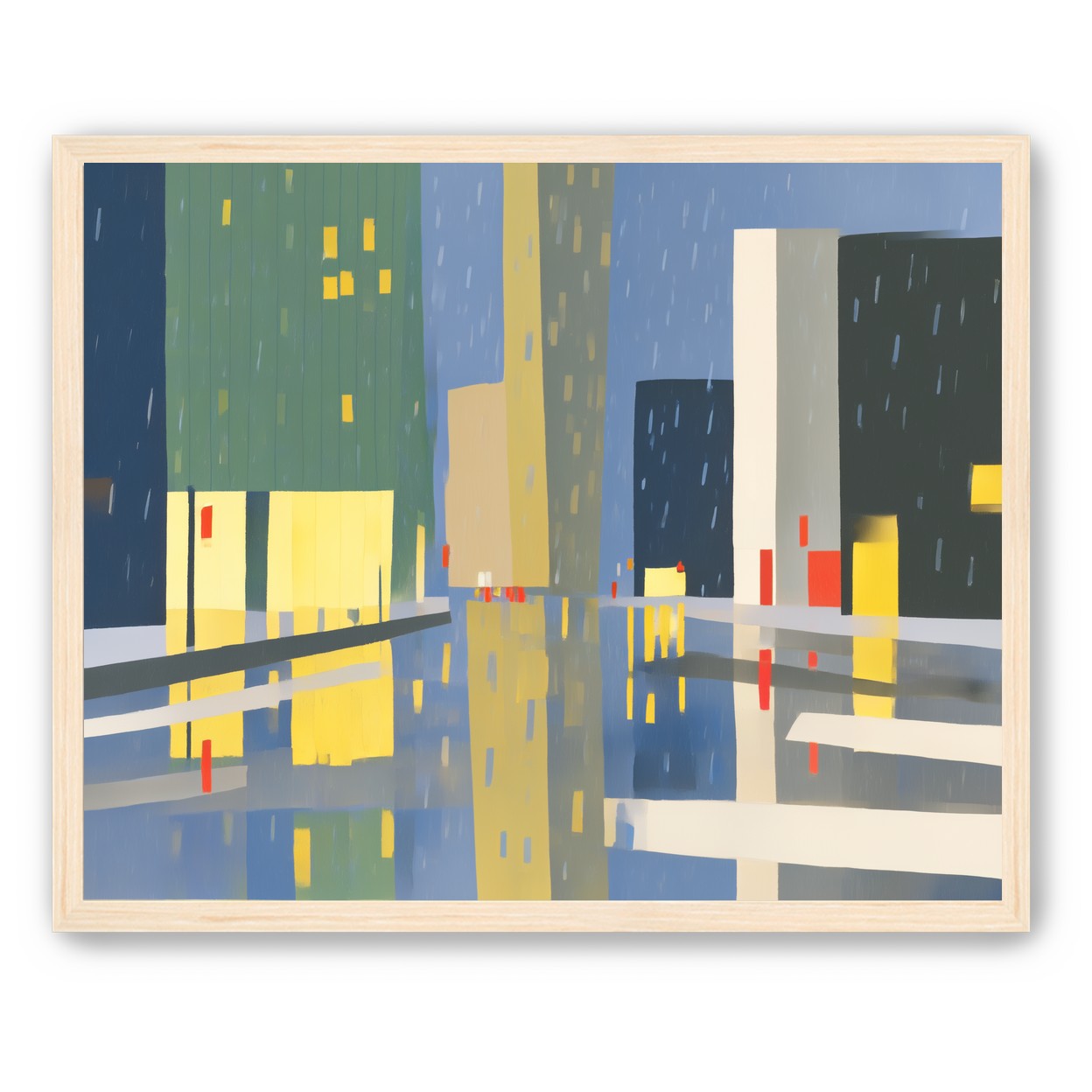 Yellow windows on wet blue street
