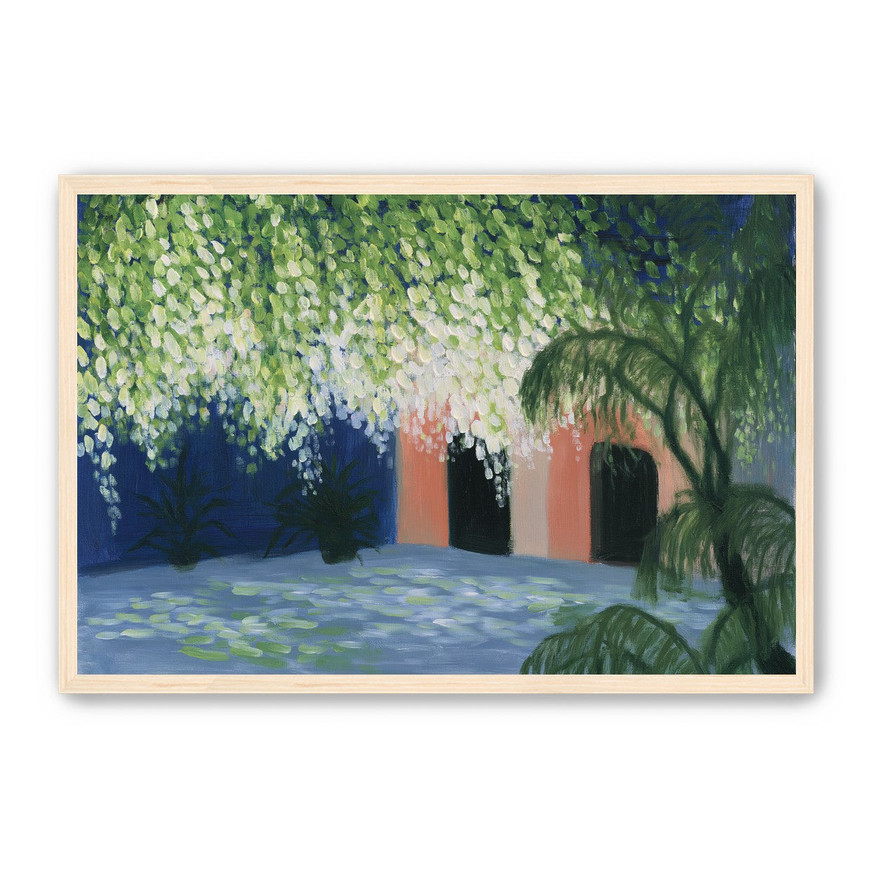 Doorway under falling blossoms