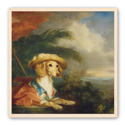 Red parasol over seaside dog