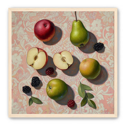 Apples, Pear, and Berries on Floral Fabric