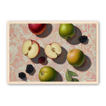 Apples, Pear, and Berries on Floral Fabric