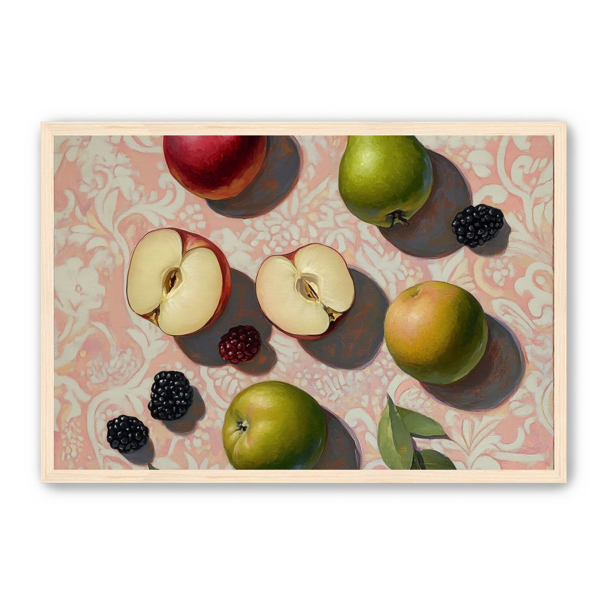 Apples, Pear, and Berries on Floral Fabric