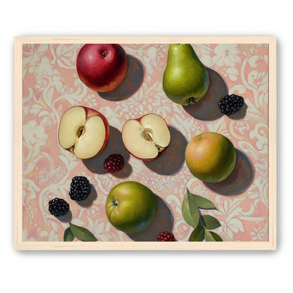 Apples, Pear, and Berries on Floral Fabric