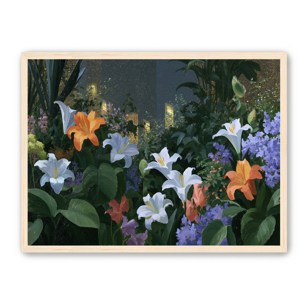 Lit windows beyond the lilies