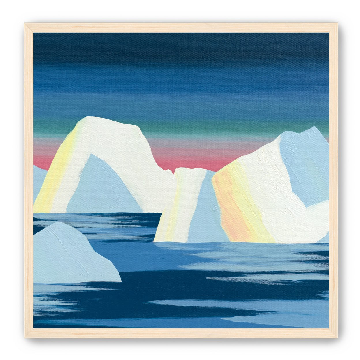 Icebergs under a pink banded sky