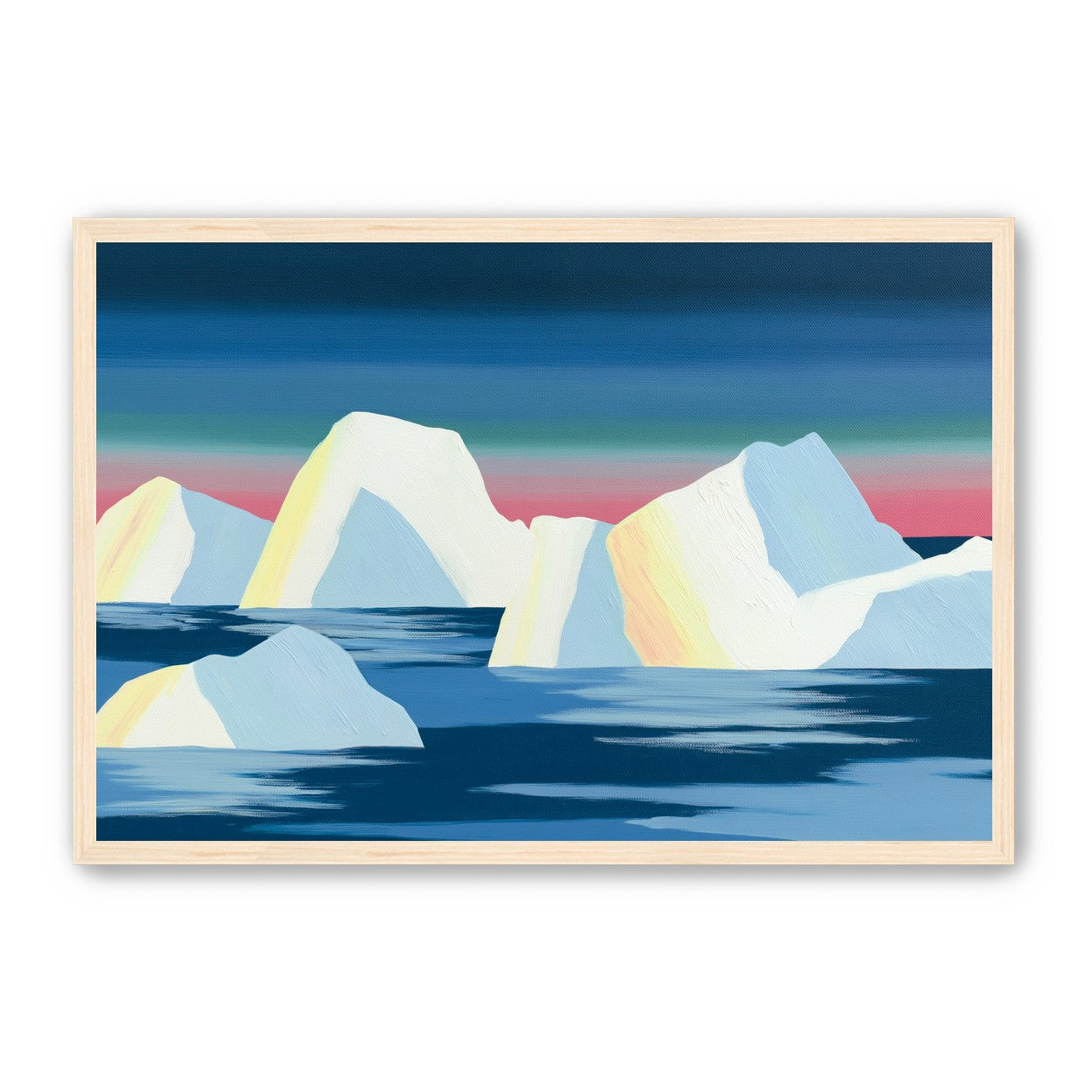 Icebergs under a pink banded sky