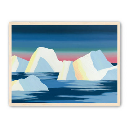 Icebergs under a pink banded sky