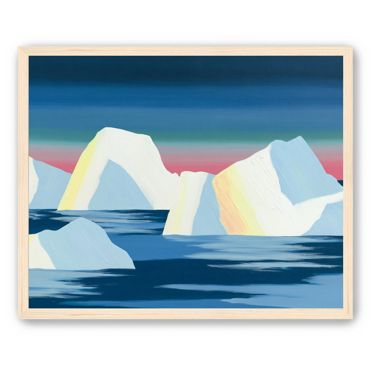 Icebergs under a pink banded sky