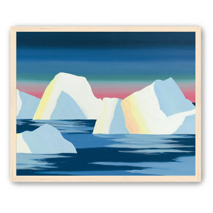 Icebergs under a pink banded sky