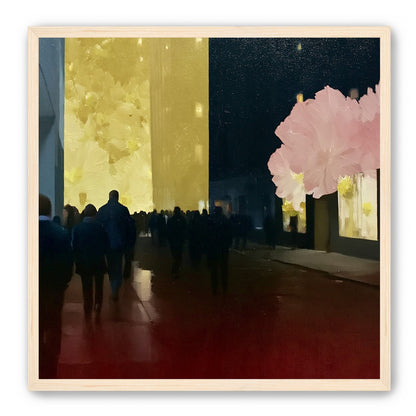 Crowd beneath the glowing wall