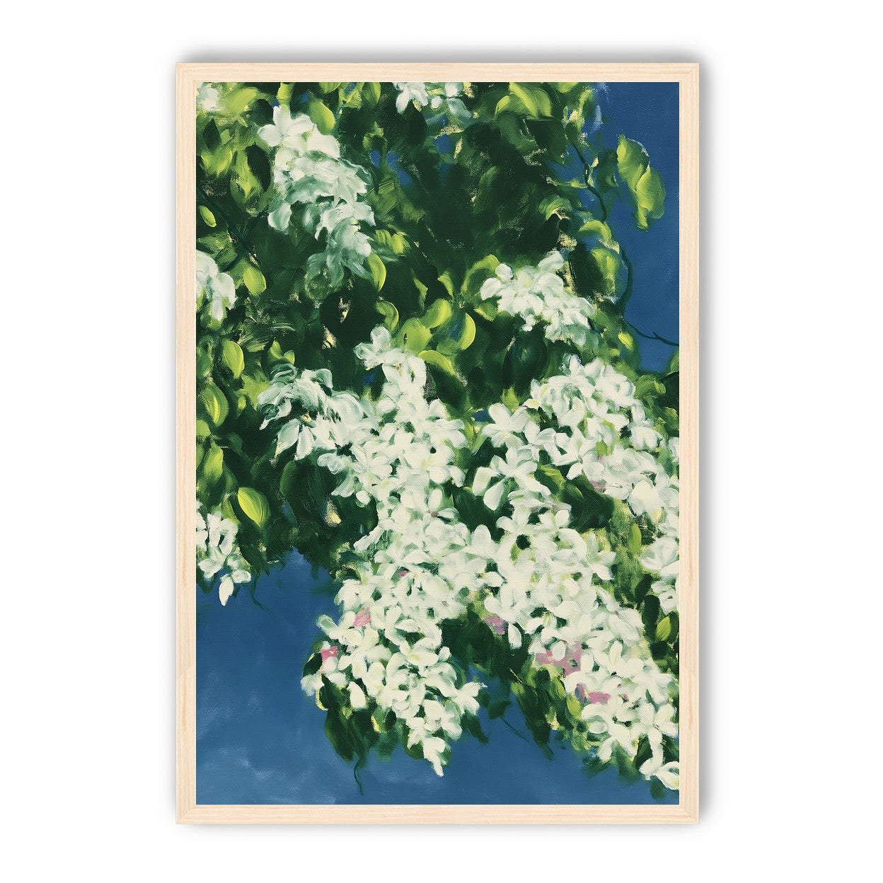 White blossoms on blue field