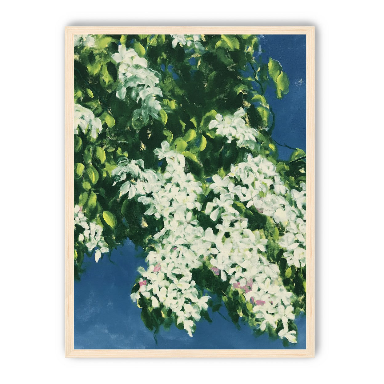 White blossoms on blue field