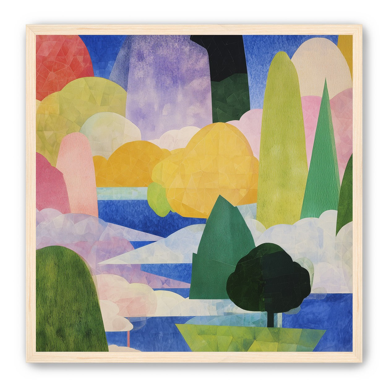 Tall trees over blue water