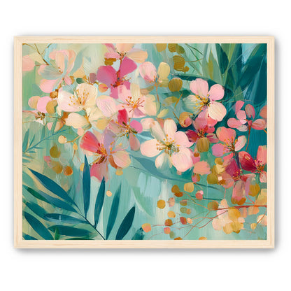 Blossoms over teal leaves